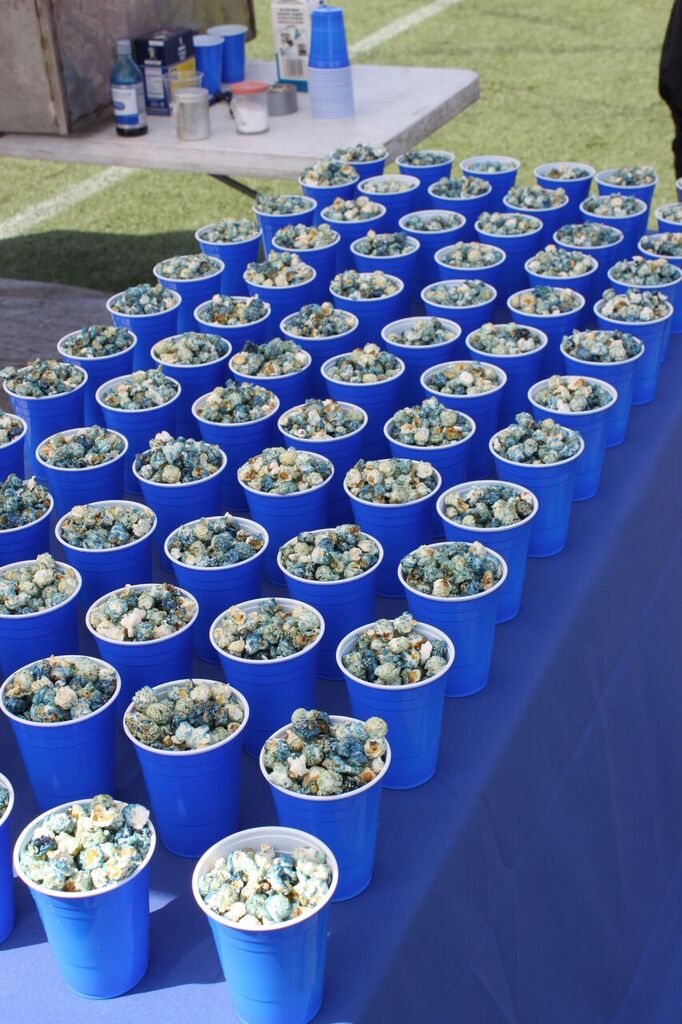 Blue popcorn in blue cups at the ship party for Microsoft’s “Blue” mobile operating system.