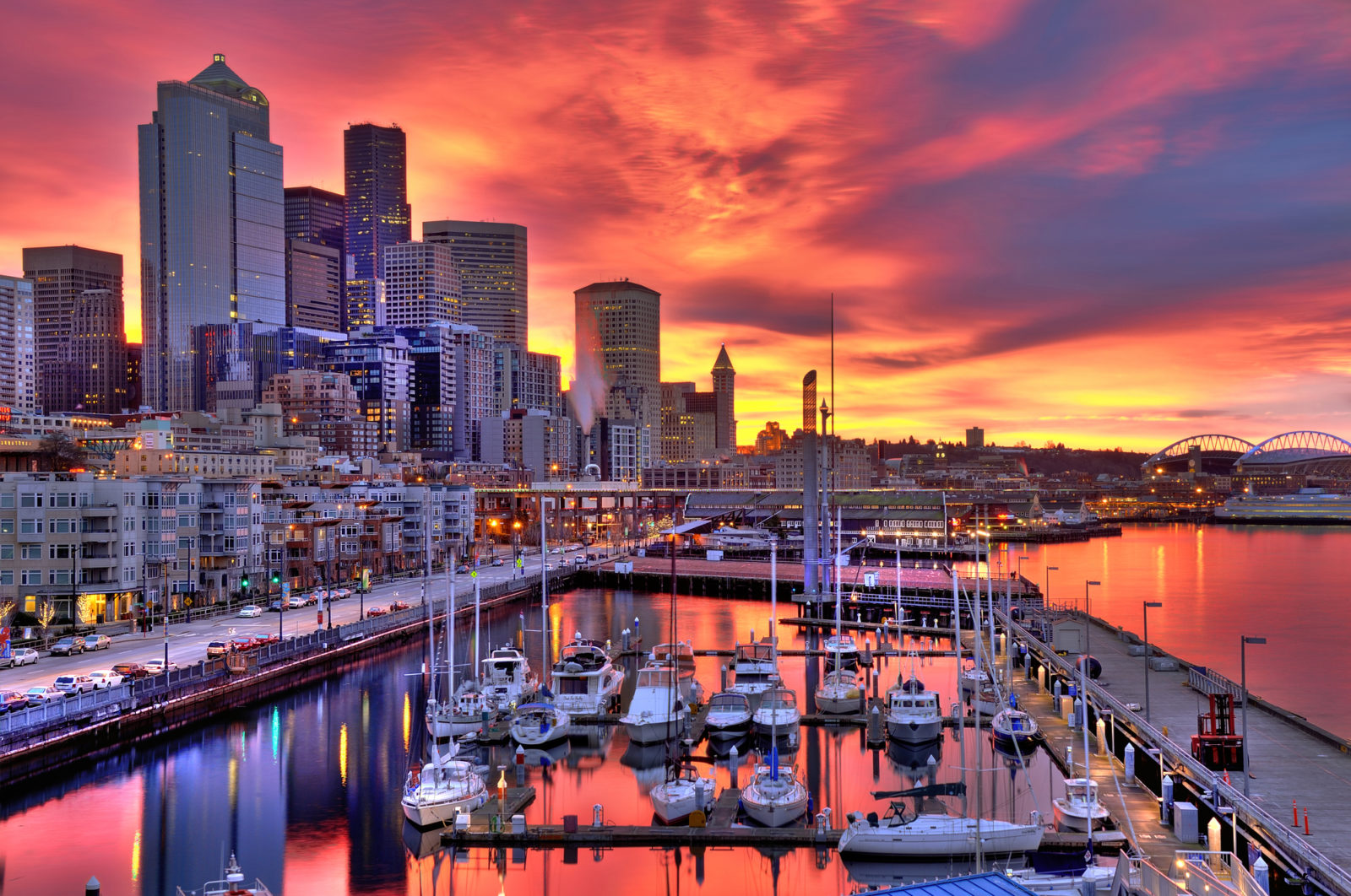 Skyscrapers in A City Lit Up at Night Space Needle Seattle King County Washington State | Canvas Wall Art | 36x12 | Great Big Canvas