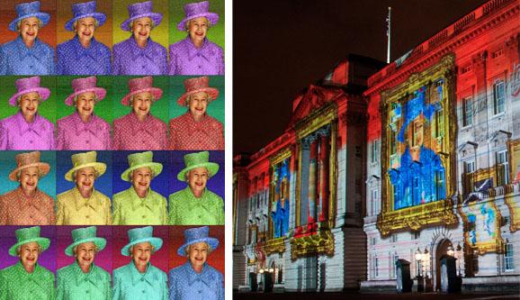 Projection of animated historic portraits on the walls of a historic building