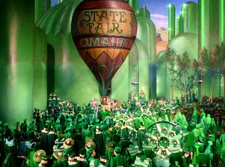 hot air balloon in the Emerald City in The Wizard of Oz