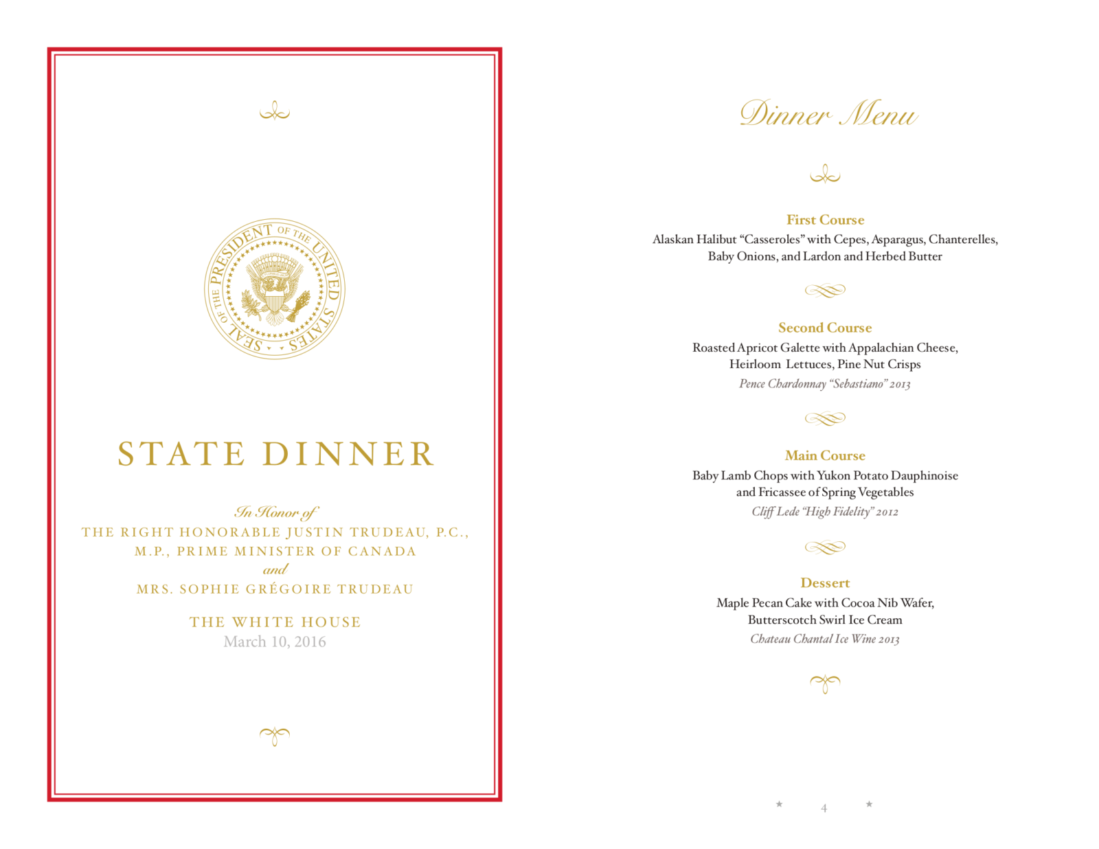 Menu from the March 10th White House State Dinner