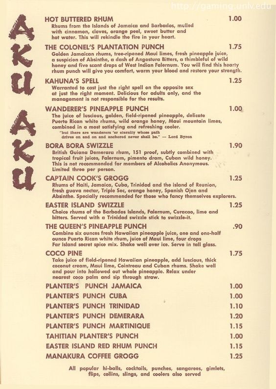 vintage menu from the Stardust Hotel