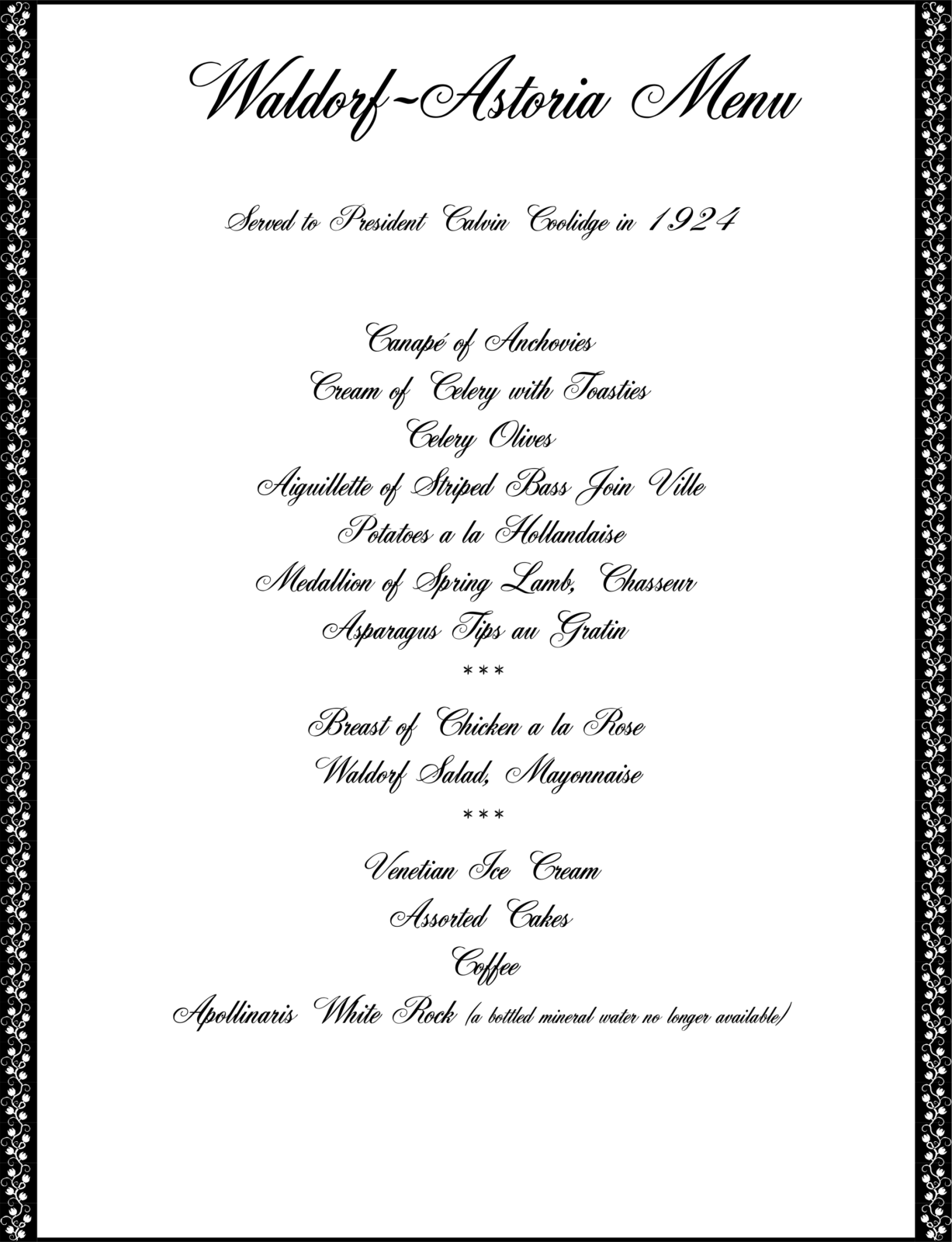 Waldorf Astoria 1920s food menu