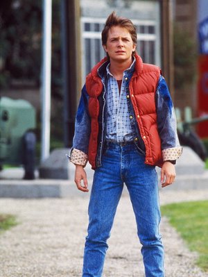 Marty McFly with orange vest in Back to the Future