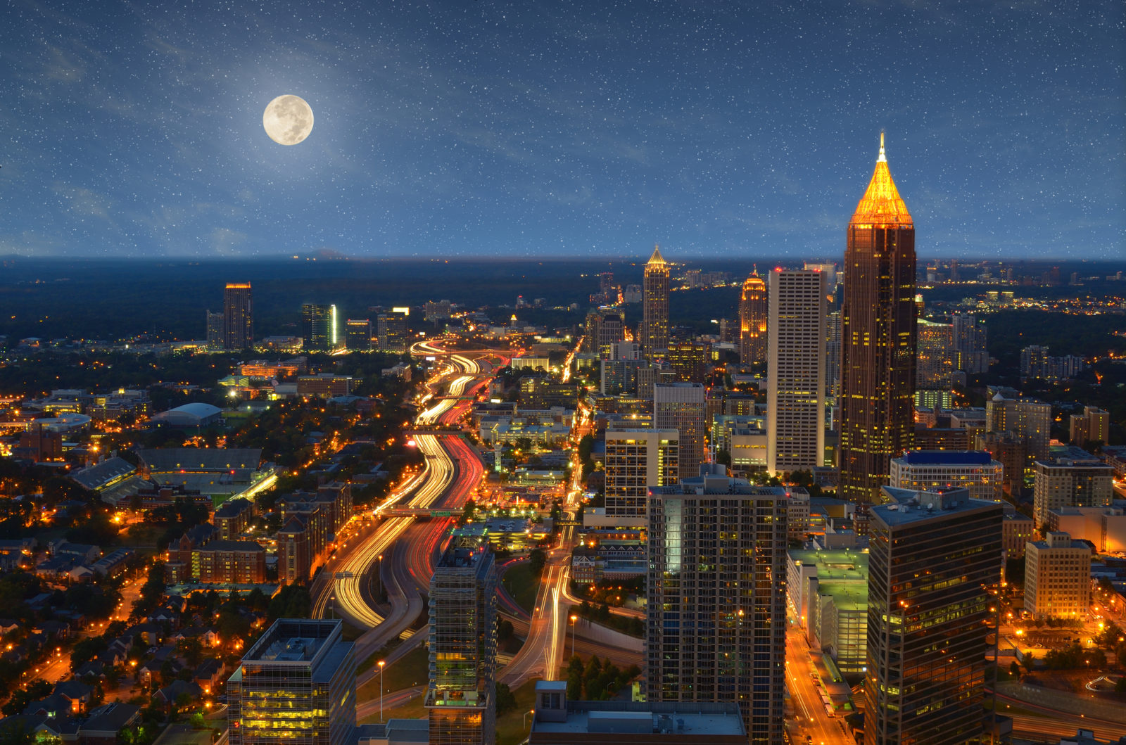 Atlanta skyline with moon