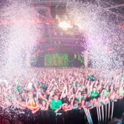 crowd with confetti